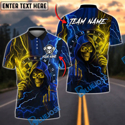 BlueJose Darts Reaper Purple Lightning Skull Customized Name, Team Name 3D Shirt (4 Colors)