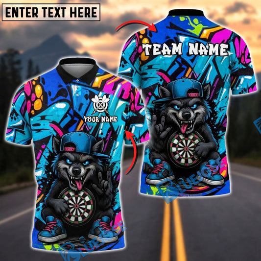 BlueJose Darts Cartoon Wolf Graffiti Customized Name, Team Name 3D Shirt (4 Colors)