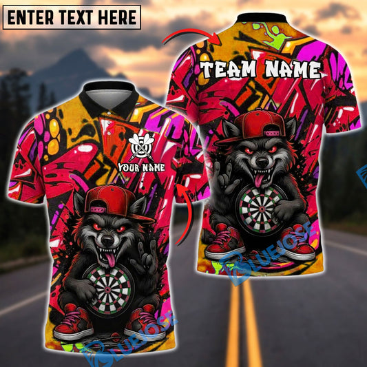 BlueJose Darts Cartoon Wolf Graffiti Customized Name, Team Name 3D Shirt (4 Colors)