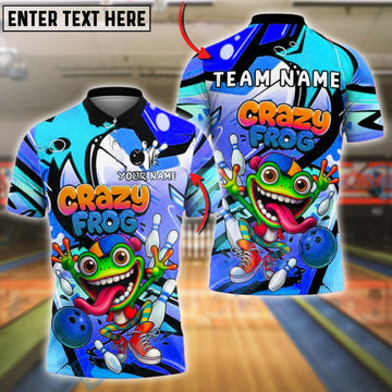 BlueJose Bowling And Pins Crazy Frog Cartoon Character Customized Name, Team Name 3D Shirt (4 Colors)