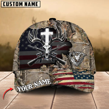 BlueJose Hunting Cross Antler Skull & Rifles USA Flag Design Customized Name Cap
