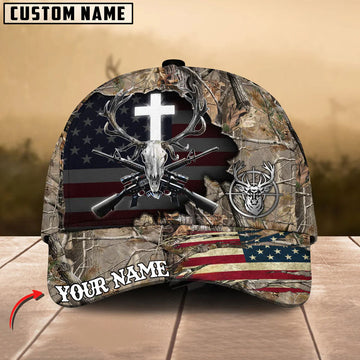 BlueJose Elk Hunting Cross Antler Skull & Rifles USA Flag Design Customized Name 3D Classic Cap