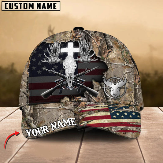 BlueJose Hunting Cross Antler Skull & Rifles USA Flag Design Customized Name Cap
