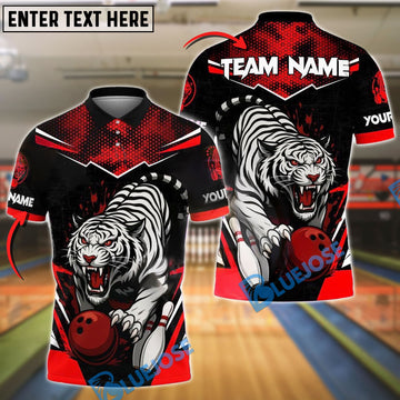 BlueJose Bowling And Pins White Tiger Fury Customized Name, Team Name 3D Shirt (4 Colors)