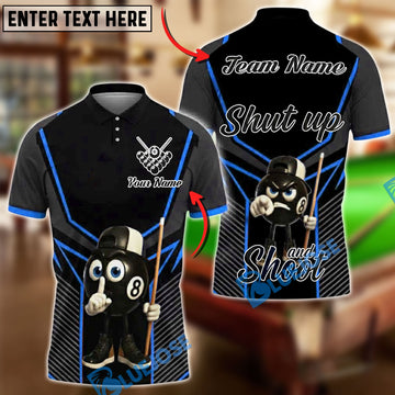 BlueJose Billiards 8-Ball Pool Shut Up and Shoot Black Personalized Name, Team Name Unisex Shirt (4 Colors)