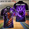 BlueJose Bowling & Pins Flaming Skull with American Flag Fire Bowling Ball Back Design Customized Name, Team Name 3D Shirt (4 Colors)