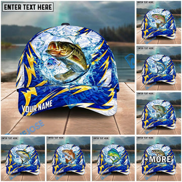 BlueJose Fishing Lightning Splash Blue Pattern Personalized Name Classic 3D Cap Personalized Cap (13 Breeds)
