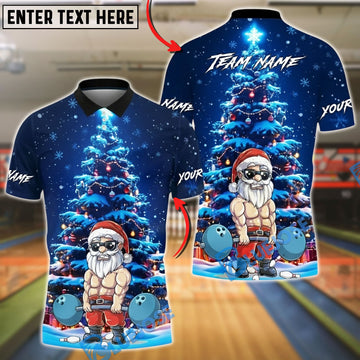 BlueJose Bowling And Pins Muscular Santa Christmas Tree Night Scene Customized Name, Team Name 3D Shirt (4 Colors)