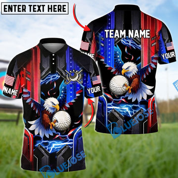BlueJose Golf Eagle American Flag Lightning Custom Name & Team Name 3D Shirts