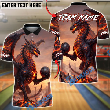 BlueJose Bowling & Pins Fire Dragon Fantasy Artwork Customized Name, Team Name 3D Shirt (4 Colors)