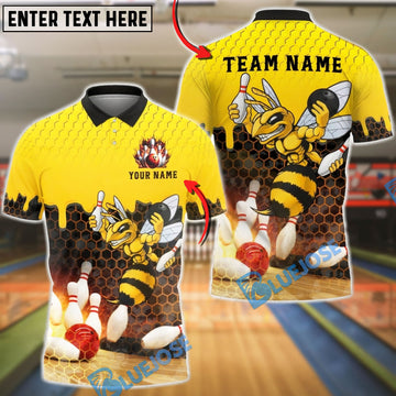 BlueJose Bowling Fire Strike Bee Honeycomb Personalized Name, Team Name 3D Shirt