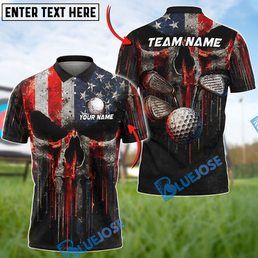 BlueJose Golf American Flag Skull Ball Clubs Design Customized Name, Team Name Shirts