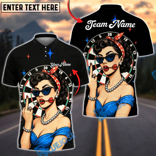 BlueJose Darts Pinup Girl Retro Style Multicolor Options Personalized Name Shirt (4 Colors)