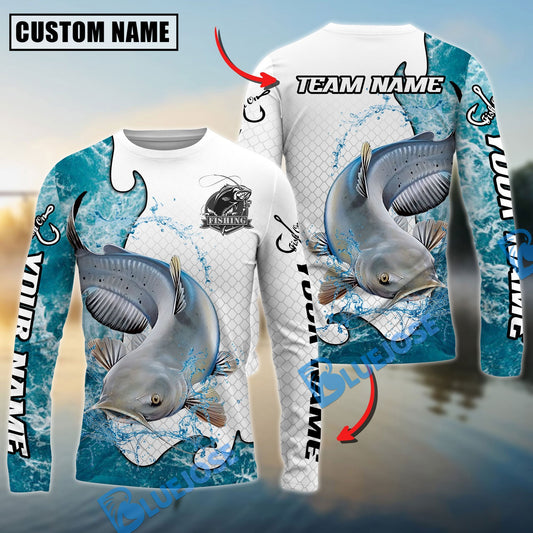 Bluejose Catfish Fishing Dynamic Water Splash Scale Pattern Custom Name & Team Name 3D Shirts