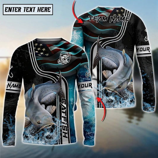 Bluejose Catfish Jumping Fish American Flag Wave Splash Custom Name & Team Name 3D Shirts