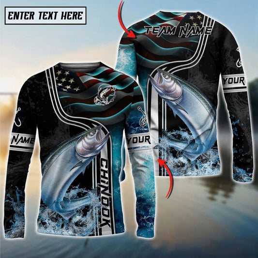 Bluejose Chinook Salmon Jumping Fish American Flag Wave Splash Custom Name & Team Name 3D Shirts