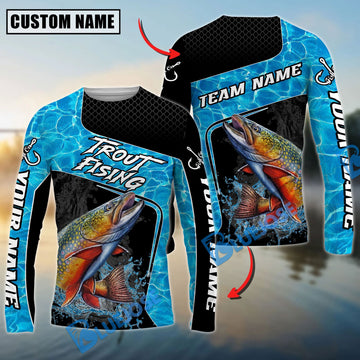 Bluejose Trout Fishing Jumping Water Splash Art Custom Name & Team Name 3D Shirts