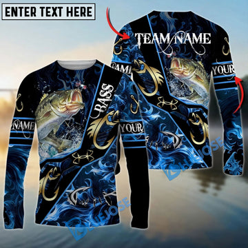 Bluejose Bass Fishing Realistic Jumping Blue Water Flame Golden Hooks Custom Name & Team Name 3D Shirts