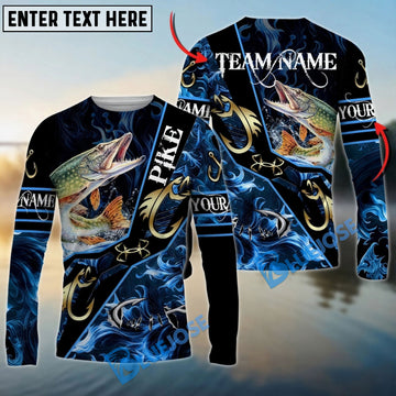 Bluejose Pike Fishing Realistic Jumping Blue Water Flame Golden Hooks Custom Name & Team Name 3D Shirts