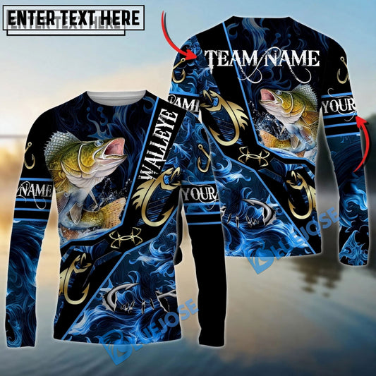 Bluejose Walleye Fishing Realistic Jumping Blue Water Flame Golden Hooks Custom Name & Team Name 3D Shirts