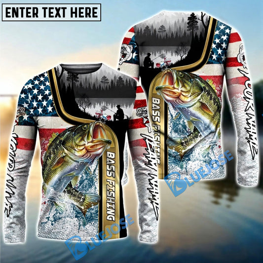 Bluejose Bass Fishing Giant Fish Water Splash American Flag Landscape Custom Name & Team Name 3D Shirts