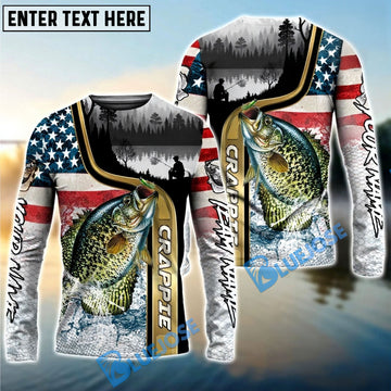Bluejose Crappie Fishing Giant Fish Water Splash American Flag Landscape Custom Name & Team Name 3D Shirts