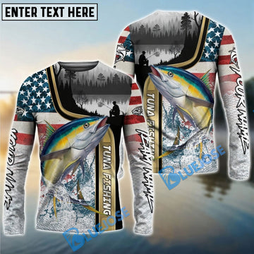 Bluejose Tuna Fishing Giant Fish Water Splash American Flag Landscape Custom Name & Team Name 3D Shirts