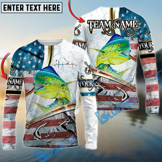 Bluejose Mahi-mahi Fishing USA Flag Dynamic Splash Custom Name & Team Name 3D Shirts