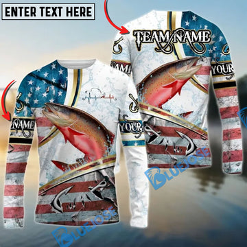 Bluejose Salmon Fishing USA Flag Dynamic Splash Custom Name & Team Name 3D Shirts