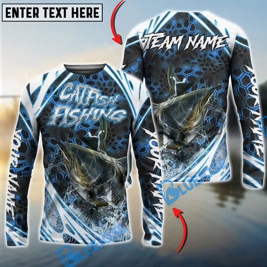 Bluejose Catfish Fishing Modern Hexagon Water Splash Custom Name & Team Name 3D Shirts