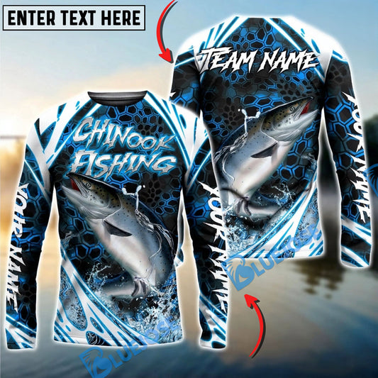 Bluejose Chinook Salmon Fishing Modern Hexagon Water Splash Custom Name & Team Name 3D Shirts