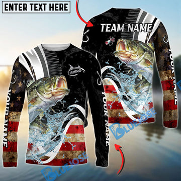 Bluejose Bass Fishing American Flag Splash Art Custom Name & Team Name 3D Shirts