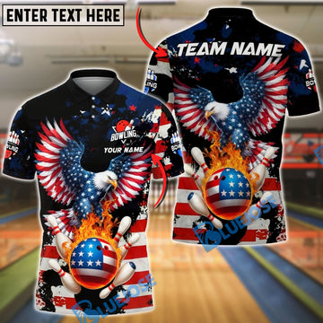 BlueJose Bowling American Flag Wings Flaming Strike Ball Personalized Name, Team Name 3D Shirt