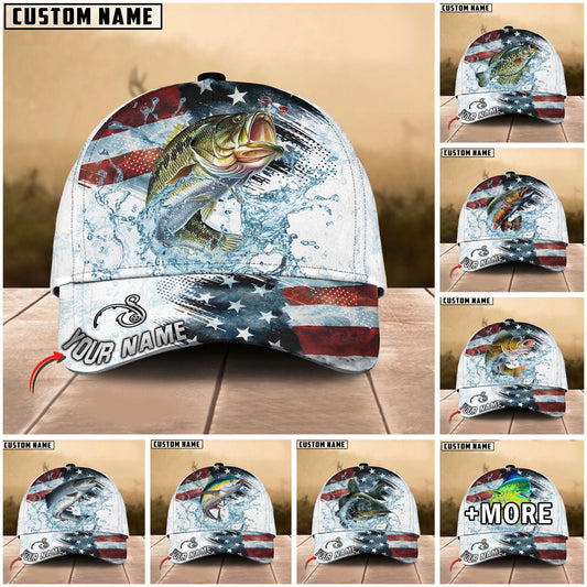 BlueJose Fishing Jump Action American Flag Water Splash Art Personalized Cap (12 Breeds)
