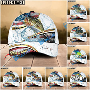 BlueJose Fishing Power Strike Vintage American Flag Design Personalized Cap (12 Breeds)