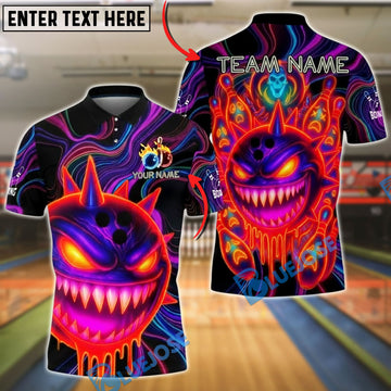 BlueJose Bowling And Pins Evil Neon Monster Customized Name, Team Name 3D Shirt (4 Colors)
