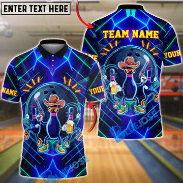 BlueJose Bowling & Pins Neon Cowboy Party Customized Name, Team Name 3D Shirt (4 Colors)