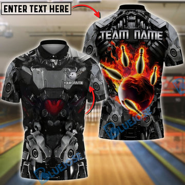 BlueJose Bowling Dark Robot Armor Flaming Bowling Ball Personalized Name, Team Name 3D Shirt