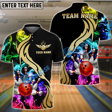 BlueJose Bowling And Pins Black Multicolor Golden Smoke Pattern Personalized Name, Team Name Unisex Shirt