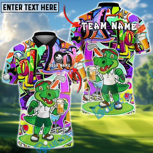 BlueJose Golf Crocodile Beer Cartoon Custom Name & Team Name 3D Shirts