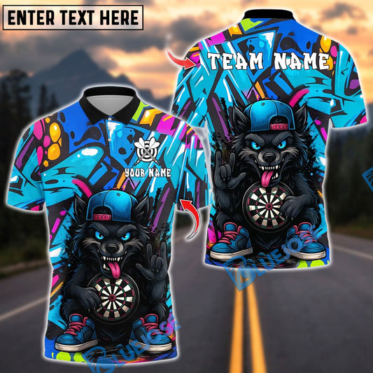 BlueJose Darts Cartoon Wolf Graffiti Street Style Customized Name, Team Name 3D Shirt (4 Colors)