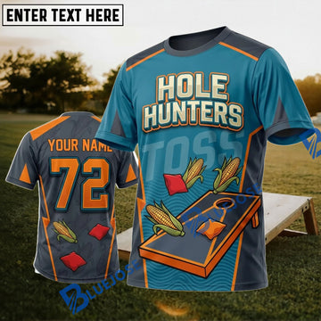 BlueJose Cornhole Hole Hunters Teal Board Personalized Name 3D Unisex Shirt