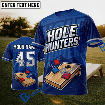 BlueJose Cornhole Hole Hunters Navy Board Personalized Name 3D Unisex Shirt