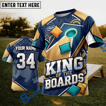BlueJose Cornhole King Of Boards Navy Gold Personalized Name 3D Unisex Shirt