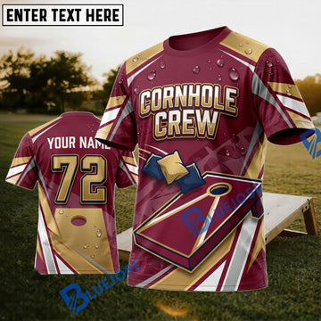 BlueJose Cornhole Crew Burgundy Gold Personalized Name 3D Unisex Shirt