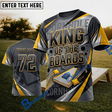 BlueJose Cornhole King Of The Boards Gray Gold Personalized Name 3D Unisex Shirt