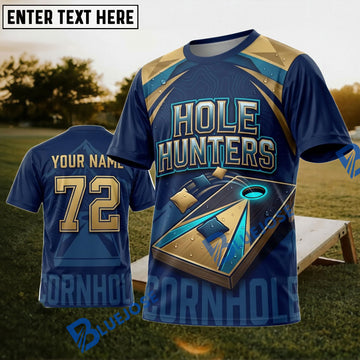 BlueJose Cornhole Hole Hunters Navy Gold Personalized Name 3D Unisex Shirt