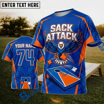 BlueJose Cornhole Sack Attack Blue Orange Eagle Personalized Name 3D Unisex Shirt