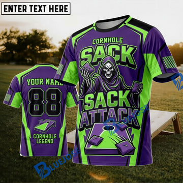 BlueJose Cornhole Sack Attack Purple Green Personalized Name 3D Unisex Shirt