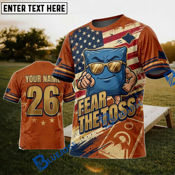 BlueJose Cornhole The Boss American Flag Fear The Toss Personalized Name 3D Unisex Shirt